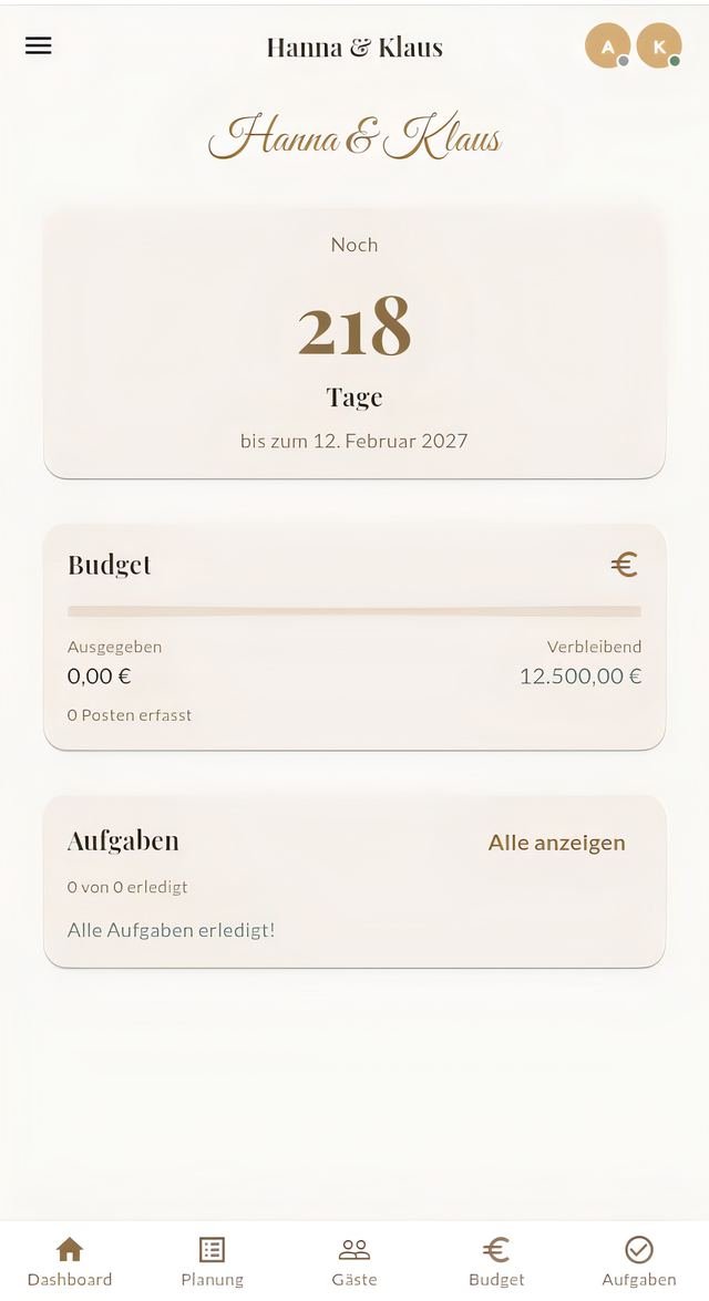 Brautkompass Dashboard mit Countdown und Budget-Übersicht