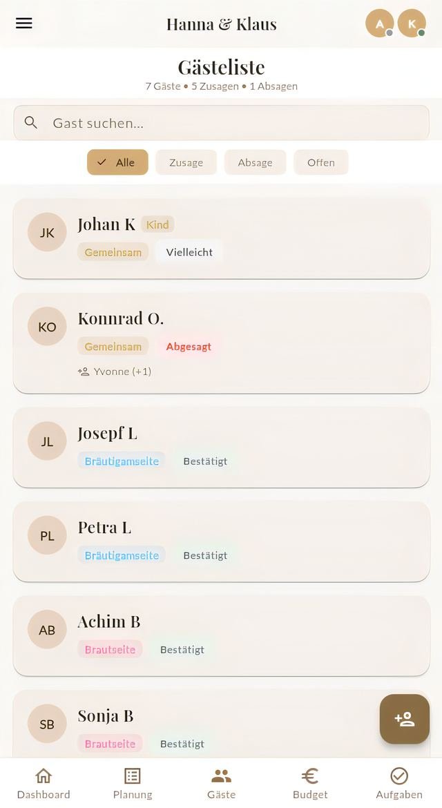 Brautkompass Gästeliste mit RSVP-Status, Begleitung und Kind-Kennzeichnung